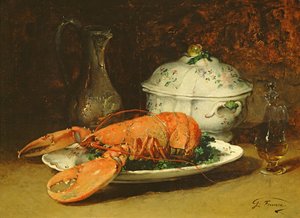 Asetelma hummerin ja keittotureen kanssa